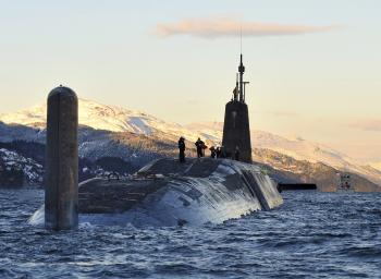 Trident submarine HMS Vanguard returns to its home, Faslane naval base in Scotland.photo: Tam McDonald; © UK MoD Crown Copyright