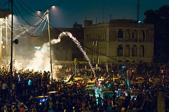 A tear gas canister in Tahrir Square, Baghdad, Iraq, on 28 October 2019.  PHOTO: MONDALAWY VIA WIKIMEDIA COMMONS (CC BY-SA 4.0)