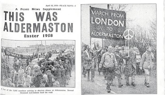 Gerald Holtom’s lollipops and banners on the 1958 Aldermaston March. (PN 1138)