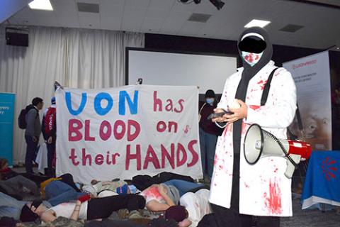 Demilitarise UoN die-in disrupts a University of Nottingham (UoN) careers fair to which 18 companies linked to the arms trade had been invited: 17 October 2022. PHOTO: DEMILITARISE UON Demilitarise UoN die-in disrupts a University of Nottingham (UoN) careers fair to which 18 companies linked to the arms trade had been invited: 17 October 2022. PHOTO: DEMILITARISE UON