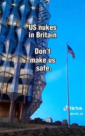This still is from a 47-second TikTok video of a London CND demonstration at the US embassy in South London: www.tinyurl.com/peacenews4042