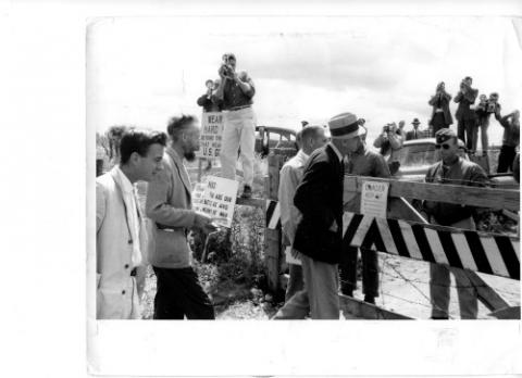 US peace activists Karl Meyer, Ross Anderson and AJ Muste (left-right) protest near Mead, Nebraska, where an intercontinental ballistic missile complex is being built, summer 1959. Aged 74, Muste was jailed for eight days after openly trespassing onto the site on 1 July. Others received the full six months in prison. PHOTO: AJ Muste Memorial Institute