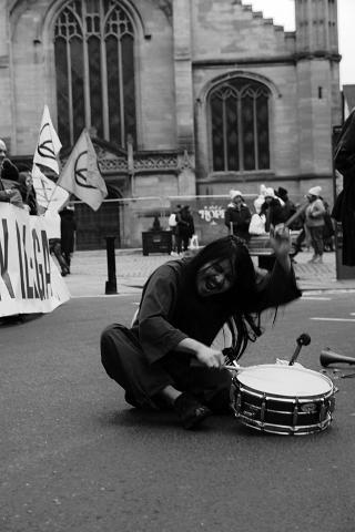 Hong Kong-Japanese percussionist Teruki Chan performs outside York Minster, on 26 November, to raise awareness of the UN Treaty on the Prohibition of Nuclear Weapons.