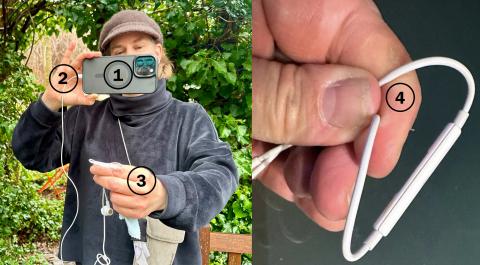 Two photos side by side. One shows Zoe holding a smartphone in front of her to film an interview, while holding a microphone out in front of her. The other photo shows how she grips the cables next to the mic.